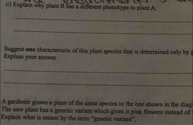 ii) Explain why plant B bas a different phenotype to plant A. 
_ 
_ 
Suggest one characteristic of this plant species that is determined only by 
Explain your answer. 
_ 
_ 
A gardener grows a plant of the same species to the one shown in the diag 
The new plant has a genetic variant which gives it pink flowers instead of 
Explain what is meant by the term “genetic variant”.