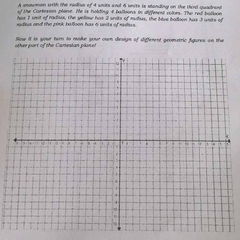 A snowman with the radius of 4 units and 6 units is standing on the third quadrant 
of the Cartesian plane. He is holding 4 balloons in different colors. The red balloon 
has 1 unit of radius, the yellow has 2 units of radius, the blue balloon has 3 units of 
radius and the pink balloon has 6 units of radius. 
Now it is your turn to make your own design of different geometric figures on the 
other part of the Cartesian plane!