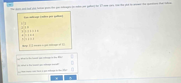 The stem-and-leaf plot below gives the gas mileages (in miles per gallon) for 17 new cars. Use the plot to answer the questions that follow. 
Gas mileage (miles per gallon)
1 2
2 1 9
3 1 2 3 3 3 6
4 1 2 4 4
5 1 2 3 3
Key: 1| 2 means a gas mileage of 12. 
(a) What is the lowest gas mileage in the 40s? 
(b) What is the lowest gas mileage overall? 
(c) How many cars have a gas mileage in the 20s? 
×