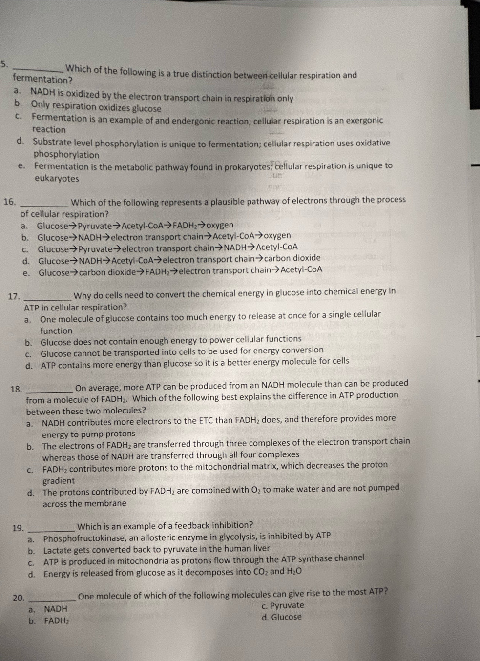 5._
Which of the following is a true distinction between cellular respiration and
fermentation?
a. NADH is oxidized by the electron transport chain in respiration only
b. Only respiration oxidizes glucose
c. Fermentation is an example of and endergonic reaction; cellular respiration is an exergonic
reaction
d. Substrate level phosphorylation is unique to fermentation; cellular respiration uses oxidative
phosphorylation
e. Fermentation is the metabolic pathway found in prokaryotes; cellular respiration is unique to
eukaryotes
16. _Which of the following represents a plausible pathway of electrons through the process
of cellular respiration?
a、 Glucose→Pyruvate→Acetyl-CoA→FADH₂→oxygen
b. Glucose→NADH→electron transport chain→Acetyl-CoA→oxygen
c. Glucose→Pyruvate→electron transport chain→NADH→Acetyl-CoA
d. Glucose→NADH→Acetyl-CoA→electron transport chain→carbon dioxide
e. Glucose→carbon dioxide→FADH₂→electron transport chain→Acetyl-CoA
17. _Why do cells need to convert the chemical energy in glucose into chemical energy in
ATP in cellular respiration?
a. One molecule of glucose contains too much energy to release at once for a single cellular
function
b. Glucose does not contain enough energy to power cellular functions
c. Glucose cannot be transported into cells to be used for energy conversion
d. ATP contains more energy than glucose so it is a better energy molecule for cells
18. _On average, more ATP can be produced from an NADH molecule than can be produced
from a molecule of FADH₂. Which of the following best explains the difference in ATP production
between these two molecules?
a. NADH contributes more electrons to the ETC than FADH₂ does, and therefore provides more
energy to pump protons
b. The electrons of FADH₂ are transferred through three complexes of the electron transport chain
whereas those of NADH are transferred through all four complexes
c. FADH₂ contributes more protons to the mitochondrial matrix, which decreases the proton
gradient
d. The protons contributed by FADH_2 are combined with O_2 to make water and are not pumped
across the membrane
19. _Which is an example of a feedback inhibition?
a. Phosphofructokinase, an allosteric enzyme in glycolysis, is inhibited by ATP
b. Lactate gets converted back to pyruvate in the human liver
c. ATP is produced in mitochondria as protons flow through the ATP synthase channel
d. Energy is released from glucose as it decomposes into CO_2 and H_2O
20. _One molecule of which of the following molecules can give rise to the most ATP?
a. NADH c. Pyruvate
b. FADH₂ d. Glucose