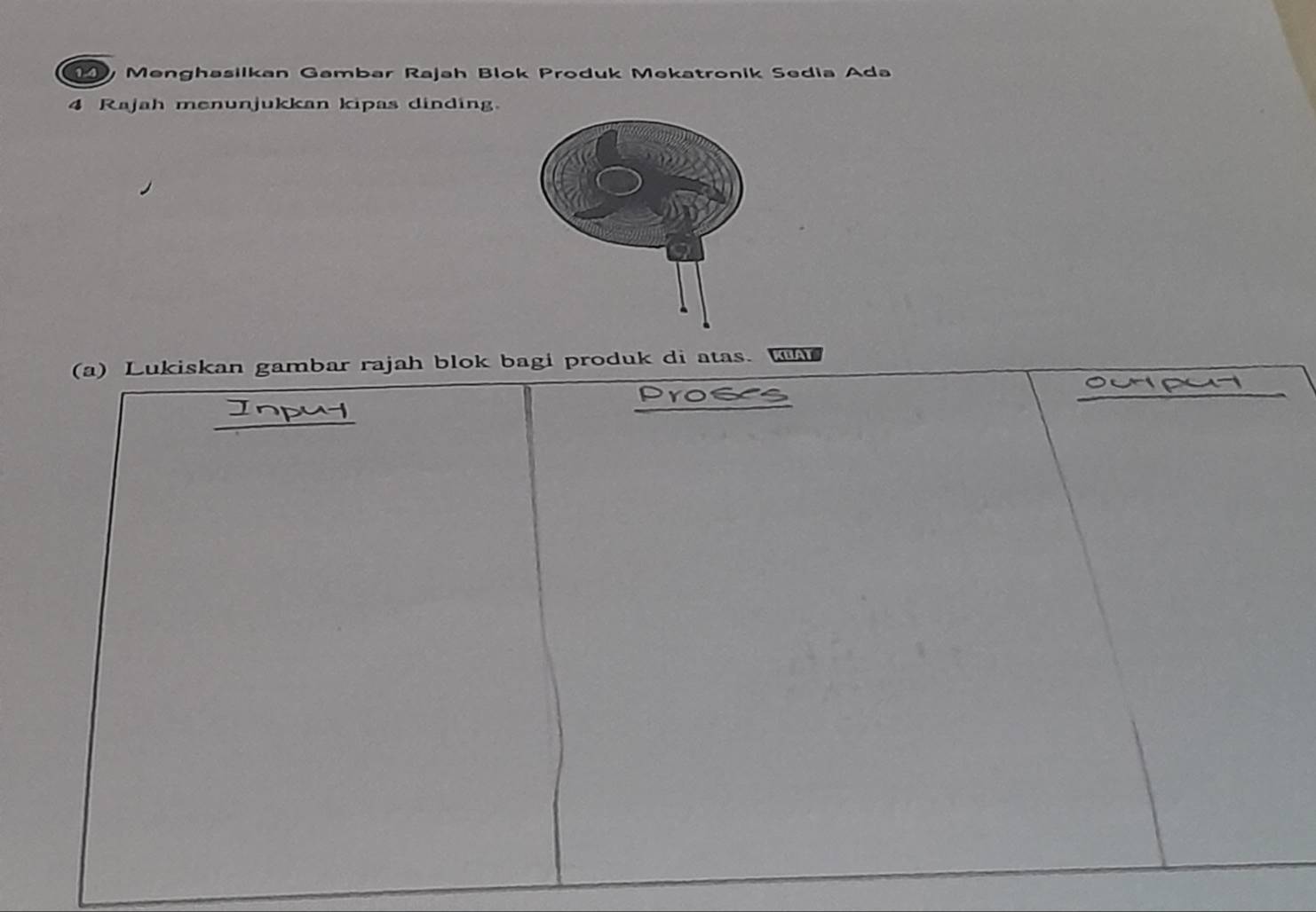 Menghasilkan Gambar Rajah Blok Produk Mekatronik Sedia Ada 
4 Rajah menunjukkan kipas dinding. 
(a) Lukiskan gambar rajah blok bagi produk di atas. KBAT