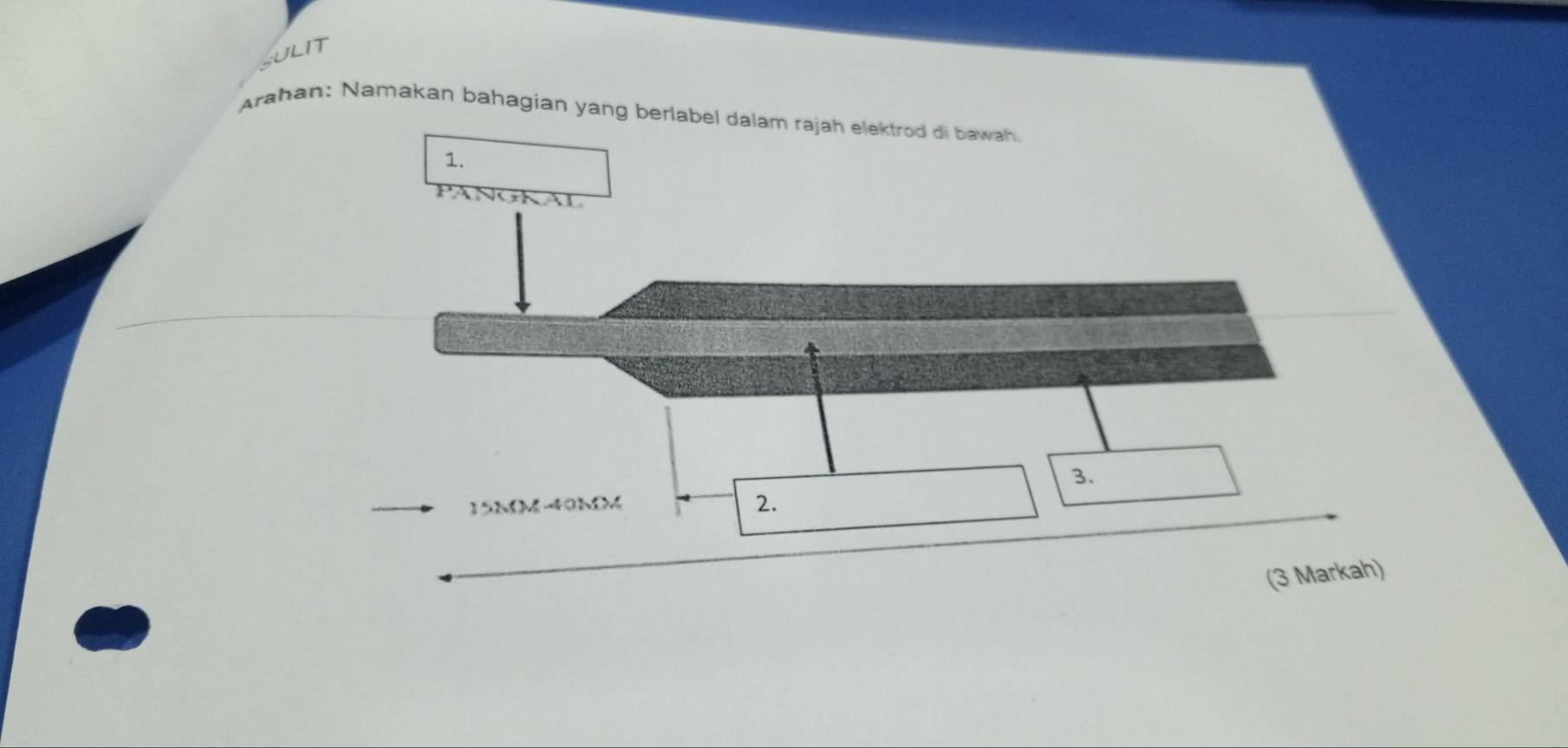 SULIT 
Arahan: Namakan bahagian yang berlabel dalam rajah elektrod di bawah. 
1. 
KAI 
3.
15MMAOM
2. 
(3 Markah)