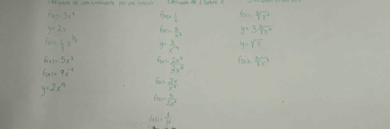 Verwvadn df ine constante per und funcion Verivoda de I Sobre X
f(x)=3x^4
f(x)= 1/x 
f(x)=sqrt[3](x^2)
y=2x
f(x)= 5/x^3 
y=3sqrt[5](x^6)
f(x)= 1/3 x^(frac 3)4
y= 3/x^(-5) 
y=sqrt(X)
f(x)=5x^3
f(x)=9x^(-4)
f(x)= 2x^2/3x^6 
f(x)=sqrt[3](x^5)
y=2x^(1/2)
f(x)= 2x/x^2 
f(x)= 6/2x^2 
f(4)= 1/t^6 