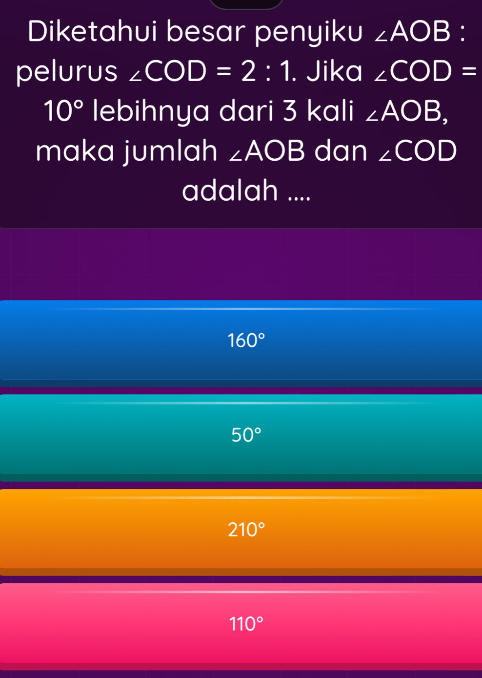 Diketahui besar penyiku ∠ AOB :
pelurus ∠ COD=2:1. Jika ∠ COD=
10° lebihnya dari 3 kali ∠ AOB, 
maka jumlah ∠ AOB dan ∠ COD
adalah ....
160°
50°
210°
110°