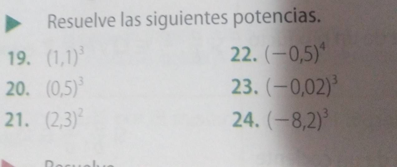 Resuelve las siguientes potencias. 
19. (1,1)^3 22. (-0,5)^4
20. (0,5)^3 23. (-0,02)^3
21. (2,3)^2 24. (-8,2)^3