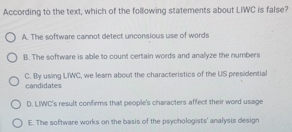 According to the text, which of the following statements about LIWC is false?
A. The software cannot detect unconsious use of words
B. The software is able to count certain words and analyze the numbers
C. By using LIWC, we learn about the characteristics of the US presidential
candidates
D. LIWC's result confirms that people's characters affect their word usage
E. The software works on the basis of the psychologists’ analysis design