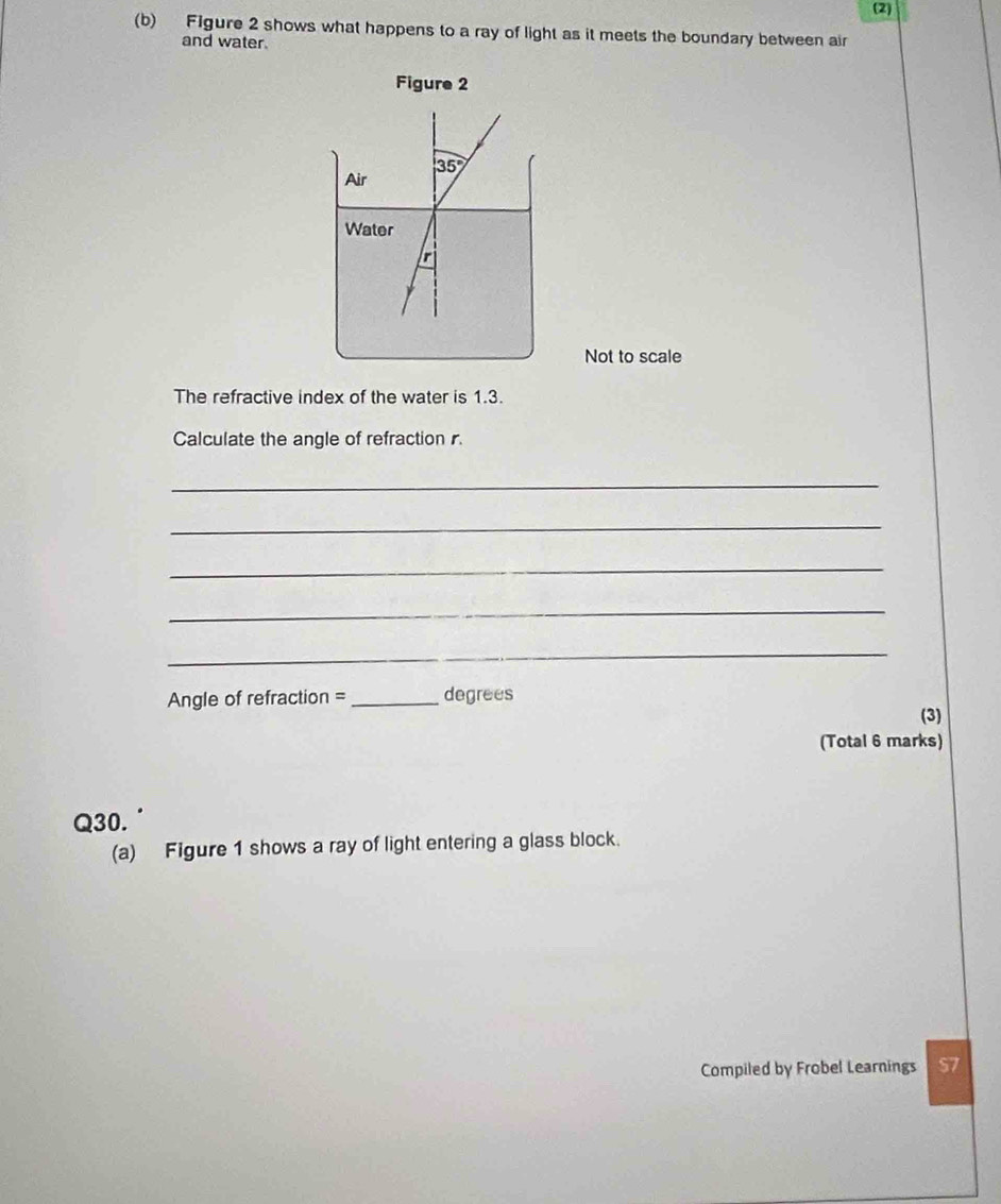 (2)
(b) Figure 2 shows what happens to a ray of light as it meets the boundary between air
and water.
Figure 2
Not to scale
The refractive index of the water is 1.3.
Calculate the angle of refraction r.
_
_
_
_
_
Angle of refraction = _degrees
(3)
(Total 6 marks)
Q30.
(a) Figure 1 shows a ray of light entering a glass block.
Compiled by Frobel Learnings s7