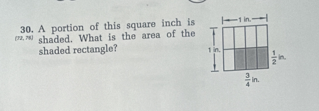 A portion of this square inch is
(72,76) shaded. What is the area of the
shaded rectangle?