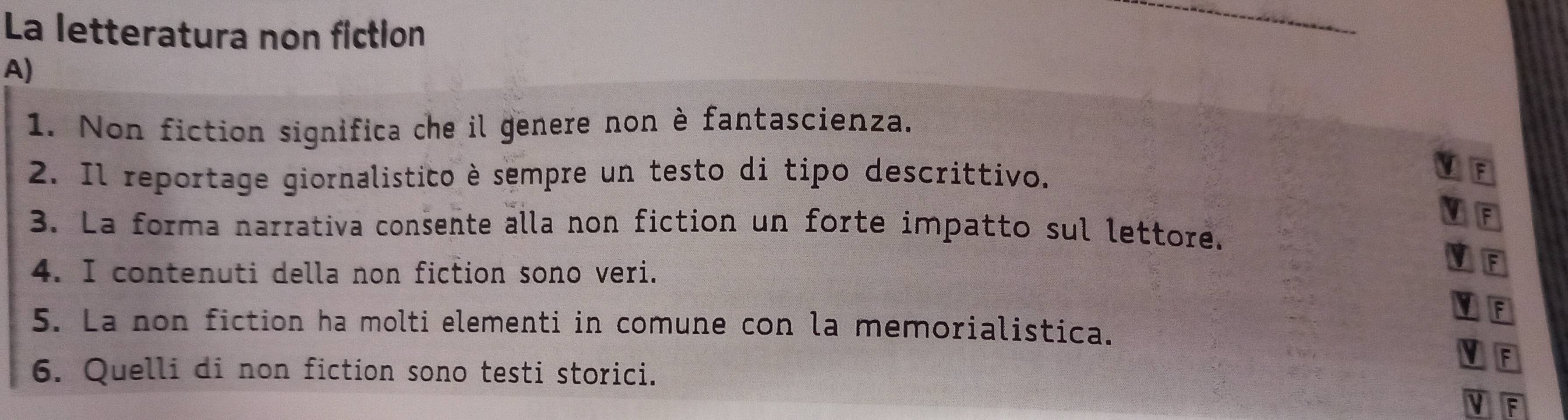 La letteratura non fiction 
_ 
A) 
1. Non fiction significa che il genere non è fantascienza. 
2. Il reportage giornalistico è sempre un testo di tipo descrittivo. 
F 
3. La forma narrativa consente alla non fiction un forte impatto sul lettore. 
4. I contenuti della non fiction sono veri. 
F 
F 
5. La non fiction ha molti elementi in comune con la memorialistica. 
F 
6. Quelli di non fiction sono testi storici. 
F