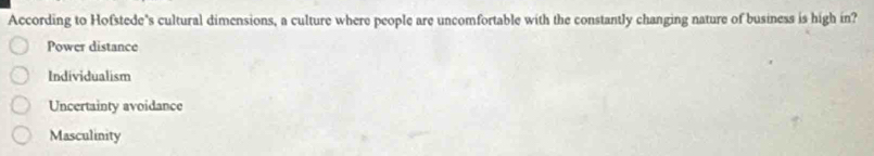 According to Hofstede's cultural dimensions, a culture where people are uncomfortable with the constantly changing nature of business is high in?
Power distance
Individualism
Uncertainty avoidance
Masculinity