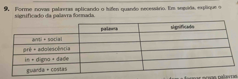 Forme novas palavras aplicando o hífen quando necessário. Em seguida, explique o 
significado da palavra formada. 
rmar novas palavras