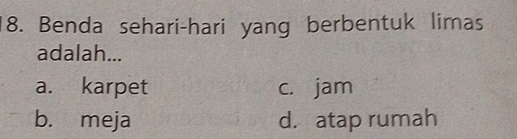 Benda sehari-hari yang berbentuk limas
adalah...
a. karpet c. jam
b. meja d. atap rumah