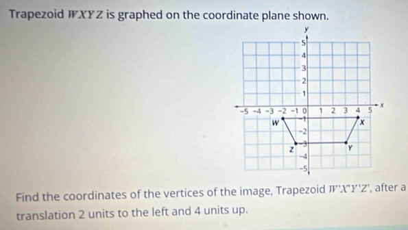 Trapezoid IXYZ is graphed on the coordinate plane shown. 
Find the coordinates of the vertices of the image, Trapezoid W'X'Y'Z' , after a 
translation 2 units to the left and 4 units up.