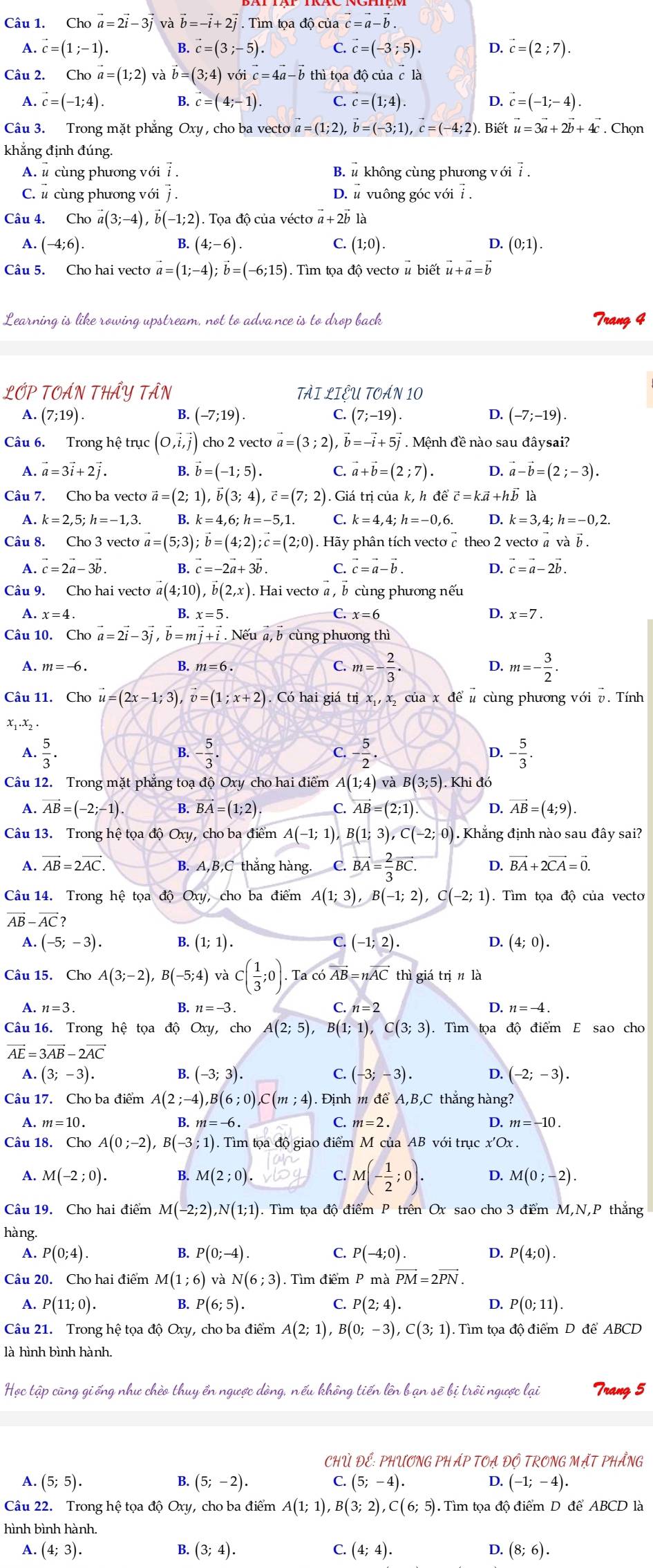 Cho vector a=2vector i-3vector j và vector b=-vector i+2vector j. Tìm tọa độ của vector c=vector a-vector b
A. vector c=(1;-1). B. vector c=(3;-5). C. vector c=(-3;5). D. vector c=(2;7).
Câu 2. Choa=(1;2) và vector b=(3;4) với c=4a-b thì tọa độ của c là
A. vector c=(-1;4). B. c=(4;-1). C. c=(1;4). D. vector c=(-1;-4).
Câu 3. Trong mặt phẳng Oxy , cho ba vecto a=(1;2),b=(-3;1),c=(-4;2) Biết vector u=3vector a+2vector b+4vector c. Chọn
khẳng định đúng.
A u cùng phương với 7 B. # không cùng phương với vector i.
C. # cùng phương với j . D. # vuông góc với i .
Câu 4. Chovector a(3;-4),vector b(-1;2). Tọa độ của vécto vector a+2vector b là
A. (-4;6). B. (4;-6) C. (1;0). D. (0;1).
Câu 5. Cho hai vecto vector a=(1;-4);vector b=(-6;15). Tìm tọa độ vectơ # biết vector u+vector a=vector b
Learning is like rowing upstream, not to advance is to drop back Trang 4
2OP TOẤN THẤY TÂN TAI ∠ Ihat eu TOAN 10
A. (7;19). (-7;19). C. (7;-19). D. (-7;-19).
B.
Câu 6. Trong hệ trục (O,vector i,vector j) cho 2 vecto vector a=(3;2) vector b=-vector i+5vector j Mệnh đề nào sau đâysai?
A. vector a=3vector i+2vector j. B. vector b=(-1;5). C. vector a+vector b=(2;7). D. vector a-vector b=(2;-3).
Câu 7. Cho ba vecto vector a=(2;1),vector b(3;4),vector c=(7;2) ). Giá trị của k, h vector dvector c=kvector a+hvector b là
A. k=2,5;h=-1,3. B. k=4,6;h=-5,1. C. k=4,4;h=-0,6. D. k=3,4;h=-0,2.
Câu 8. Cho 3 vecto a=(5;3);b=(4;2);c=(2;0). Hãy phân tích vecto c theo 2 vecto @ và b .
A. vector c=2vector a-3vector b. B. vector c=-2vector a+3vector b. C. vector c=vector a-vector b. D. vector c=vector a-2vector b.
Câu 9. Cho hai vecto vector a(4;10),vector b(2,x) Hai vecto à , b cùng phương nếu
A. x=4. .x=5. C. x=6 D. x=7.
Câu 10. Chovector a=2vector i-3vector j,vector b=mvector j+vector i Nếu a, b cùng phương thì
A. m=-6. B. m=6. C. m=- 2/3 . D. m=- 3/2 .
Câu 11. Cho u=(2x-1;3),v=(1;x+2). Có hai giá tị x, x của x đề u cùng phương với v. Tính
X1·X2·
C
A.  5/3 . - 5/3 . - 5/2 . - 5/3 .
B.
D.
Câu 12. Trong mặt phẳng toạ độ Oxy cho hai điểm A(1;4) và B(3;5). Khi đó
A. vector AB=(-2;-1) B. vector BA=(1;2) C. vector AB=(2;1) D. vector AB=(4;9).
Câu 13. Trong hệ tọa độ Oxy, cho ba điểm A(-1;1) B(1;3),C(-2;0). Khẳng định nào sau đây sai?
vector AB=2vector AC. B. A,B,C thắng hàng. C. vector BA= 2/3 vector BC D. vector BA+2vector CA=vector 0.
Câu 14. Trong hệ toado Oxy, cho ba điểm A(1;3) B(-1;2),C(-2;1) ). Tìm tọa độ của vecto
vector AB-vector AC?
A. (-5;-3). B. (1;1) C. (-1;2). D. (4;0).
A(3;-2), (-5;4) và( :( 1/3 ;0).. Ta có overline AB=noverline AC thì giá trị n là
A.
B. n=-3. C. n=2 D. n=-4.
Câu 16. Trong hệ tọa độ Oxy, cho A(2;5), ,B(1;1),C(3;3). Tìm tọa độ điểm E sao cho
vector AE=3vector AB-2vector AC
A. (3;-3). B. (-3;3). C. (-3;-3). D. (-2;-3).
Câu 17. Cho ba điểm A(2;-4),B(6;0),C(m;4) Đinh m đề A,B,C thắng hàng?
A. B. m=-6. C. m=2. D. m=-10.
Câu 18. Cho A(0;-2),B(-3;1). Tìm tọa độ giao điểm M của AB với trục x'Ox .
A. M(-2;0). B. M(2;0). C. M(- 1/2 ;0). D. M(0;-2).
Câu 19. Cho hai điểm M(-2;2),N(1;1). Tìm tọa độ điểm P trên Ox sao cho 3 điểm M,N,P thắng
hàng.
A. P(0;4). B. P(0;-4) C P(-4;0). D. P(4;0).
Câu 20. Cho hai điểm M(1;6) và N(6;3). Tìm điểm P mà vector PM=2vector PN.
A. P(11;0). P(6;5). C. P(2;4). D. P(0;11).
B.
Câu 21. Trong hệ tọa độ O_x1 , cho ba điểm A(2;1),B(0;-3),C(3;1). Tìm tọa độ điểm D để ABCD
là hình bình hành.
Học tập cũng giống như chèo thuy ển ngược dòng, nếu không tiến lên bạn sẽ bị trồi ngược lại Trang 5
CHỦ ĐE: PHƯONG PHÁP TOẠ ĐỘ TRONG MẠT PHẨNG
A. (5;5). B. (5;-2). C. (5;-4). D. (-1;-4).
Câu 22. Trong hệ tọa độ Oxy, cho ba điểm A(1;1),B(3;2),C(6;5) Tìm tọa độ điểm D để ABCD là
hình bình hành.
A. (4;3). B. (3;4). C. (4;4). D. (8;6).