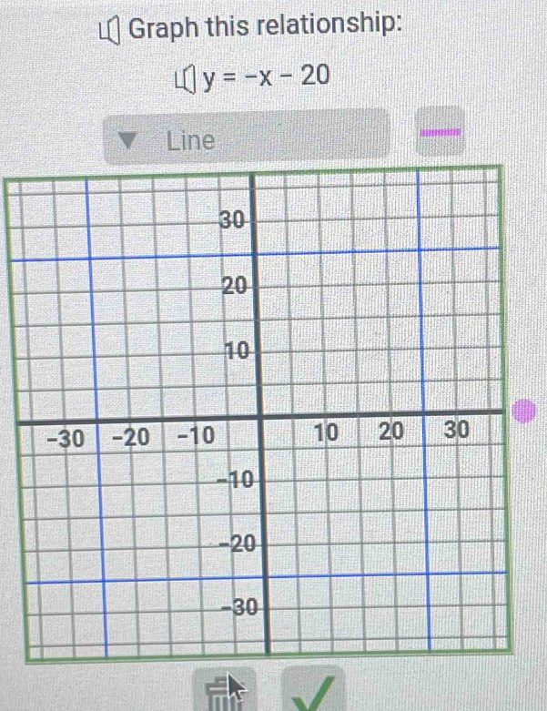 Graph this relationship:
y=-x-20
Line