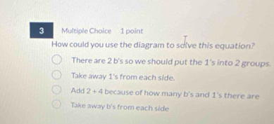 How could you use the diagram to solve this equation?
There are 2 b's so we should put the 1 's into 2 groups.
Take away 1 's from each side.
Add 2+4 because of how many b's and 1 's there are
Take away b's from each side