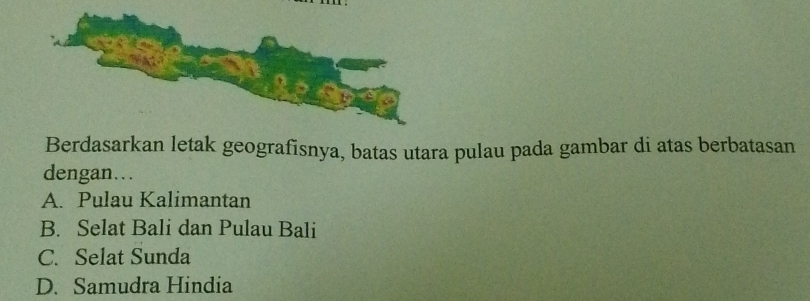 Berdasarkan letak geografisnya, batas utara pulau pada gambar di atas berbatasan
dengan…
A. Pulau Kalimantan
B. Selat Bali dan Pulau Bali
C. Selat Sunda
D. Samudra Hindia