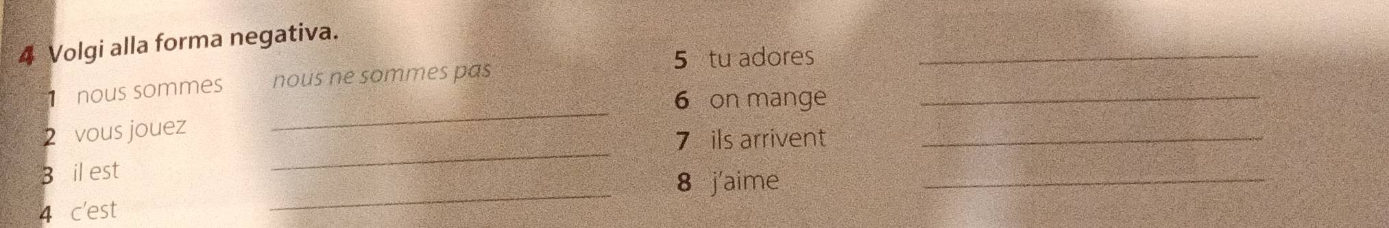 Volgi alla forma negativa. 
5 tu adores_ 
1 nous sommes nous ne sommes pas 
6 on mange_ 
_ 
2 vous jouez 
_ 
7 ils arrivent_ 
B il est 
_8 j'aime 
_ 
4 c'est