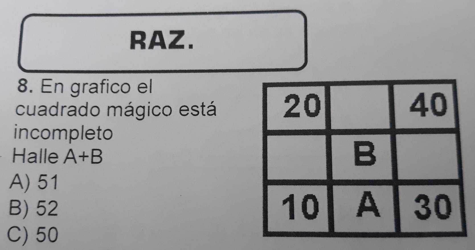 RAZ.
8. En grafico el
cuadrado mágico está
incompleto
Halle A+B
A) 51
B) 52
C) 50