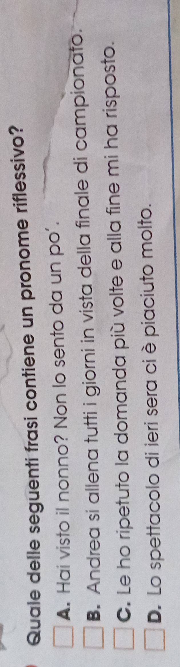 Quale delle seguenti frasi contiene un pronome riflessivo?
A. Hai visto il nonno? Non lo sento da un po’.
B. Andrea si allena tutti i giorni in vista della finale di campionato.
C. Le ho ripetuto la domanda più volte e alla fine mi ha risposto.
D. Lo spettacolo di ieri sera ci è piaciuto molto.