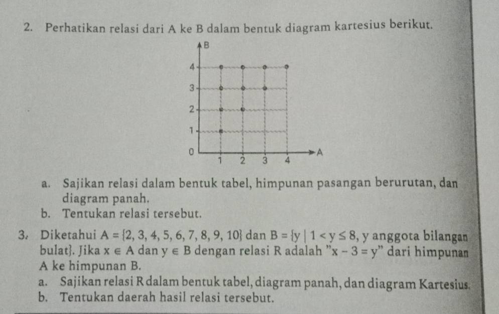 Perhatikan relasi dari A ke B dalam bentuk diagram kartesius berikut. 
a. Sajikan relasi dalam bentuk tabel, himpunan pasangan berurutan, dan 
diagram panah. 
b. Tentukan relasi tersebut. 
3. Diketahui A= 2,3,4,5,6,7,8,9,10 dan B= y|1 , y anggota bilangan 
bulat. Jika x∈ A dan y∈ B dengan relasi R adalah ” x-3=y ' dari himpun' 
A ke himpunan B. 
a. Sajikan relasi R dalam bentuk tabel, diagram panah, dan diagram Kartesius. 
b. Tentukan daerah hasil relasi tersebut.