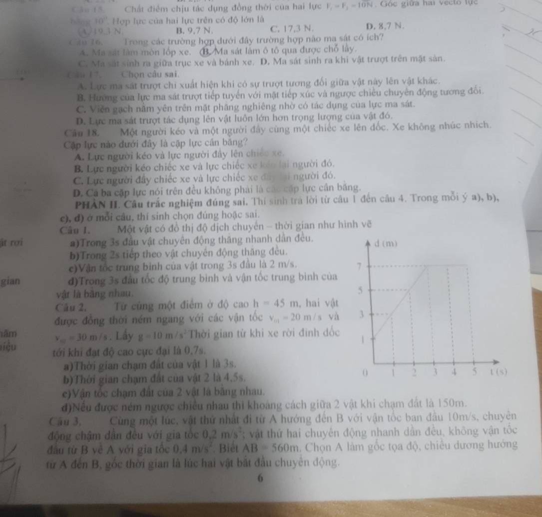 Căn 15 Chất điểm chịu tác dụng đồng thời của hai lực F_f=F_1=10N Gộc giữa hai vecto lực
bāng 10° Hợp lực của hai lực trên có độ lớn là
A. 19.3 N B. 9.7 N. C. 17,3 N. D. 8,7 N.
Cáo 76.  Trong các trường hợp dưới đây trường hợp não ma sát có ích?
A. Ma sát làm mòn lốp xe. B. Ma sát làm ô tô qua được chỗ lây.
C. Ma sát sinh ra giữa trục xe và bánh xe. D. Ma sát sinh ra khi vật trượt trên mặt sản.
Cần 17. Chọn câu sai.
A. Lực ma sát trượt chi xuất hiện khi có sự trượt tương đối giữa vật này lên vật khác.
B. Hướng của lực ma sát trượt tiếp tuyến với mặt tiếp xúc và ngược chiều chuyên động tương đối.
C. Viễn gạch năm yên trên mặt phăng nghiêng nhờ có tác dụng của lực ma sát.
D. Lực ma sát trượt tác dụng lên vật luôn lớn hơn trọng lượng của vật đó.
Câu 18. Một người kéo và một người đây cùng một chiếc xe lên đốc. Xe không nhúc nhích.
Cập lực nào dưới đây là cặp lực cần bằng?
A. Lực người kéo và lực người đây lên chiếc xe.
B. Lực người kéo chiếc xe và lực chiếc xe kến lại người đó.
C. Lực người đẩy chiếc xe và lực chiếc xe đây lại người đó.
D. Cả ba cặp lực nói trên đều không phải là các cấp lực cần băng.
PHÀN II. Câu trắc nghiệm đúng sai. Thi sinh trà lời từ câu 1 đến câu 4. Trong mỗi ý a), b),
c), đ) ở mỗi câu, thí sinh chọn đúng hoặc sai.
Câu I.  Một vật có đồ thị độ dịch chuyển - thời gian như hình vẽ
it rợi a)Trong 3s đầu vật chuyên động thăng nhanh dần đều.
b)Trong 2s tiếp theo vật chuyên động thăng đều.
c)Vận tốc trung bình của vật trong 3s đầu là 2 m/s.
gian d)Trong 3s đầu tốc độ trung bình và vận tốc trung bình của
vật là băng nhau. 
Câu 2, Từ cùng một điểm ở độ caoh=45m , hai vật
được đồng thời ném ngang với các vận tốc v_o)=20m/s và
âm v_m=30m/s. Lấy g=10m/s^2 Thời gian từ khi xe rời đinh đốc
liệu tới khi đạt độ cao cực đại là 0,7s.
a)Thời gian chạm đất của vật 1 là 3s.
b)Thời gian chạm đất của vật 2 là 4,5s.
c)Vận tốc chạm đất của 2 vật là băng nhau.
đ)Nếu được ném ngược chiều nhau thi khoảng cách giữa 2 vật khi chạm đất là 150m.
Câu 3, Cùng một lúc, vật thứ nhất đi từ A hướng đến B với vận tốc ban đầu 10m/s, chuyên
động chậm dân đêu với gia tốc 0.2m/s^2; vật thứ hai chuyên động nhanh dần đều, không vận tốc
đấu từ B về A với gia tốc 0.4m/s^2 Biết AB=560m ,  Chọn A làm gốc tọa độ, chiêu dương hướng
từ A đến B, gốc thời gian là lúc hai vật bắt đầu chuyên động.
6