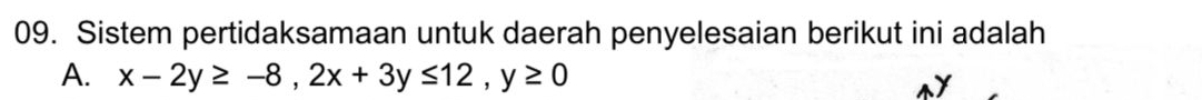 Sistem pertidaksamaan untuk daerah penyelesaian berikut ini adalah 
A. x-2y≥ -8, 2x+3y≤ 12, y≥ 0 y