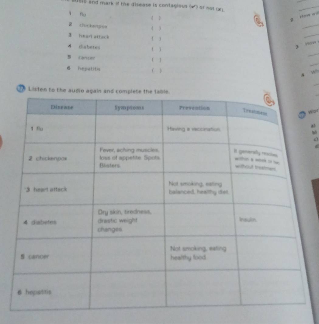 a00io and mark if the disease is contagious (▲ ) or not (x). 
_ 
ǐ hu 
( ) 
2 How will 
2 chickenpox ( ) 
_ 
3 heart attack ( ) 
_ 
4 diabetes ( ) 
3 How 
_ 
_ 
5 cancet ( ) 
6 hepatitis ( ) A Wh 
_ 
e Listen to the audio again 
Wor 
a) 
b 
c) 
d