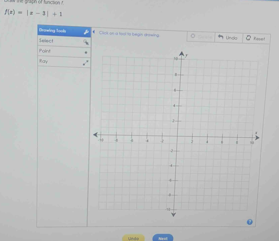 Draw the graph of function f.
f(x)=|x-3|+1
Drawing Tools Click on a tool to begin drawing. Undo Reset 
Select 
Point 
Ray 
Undo Next