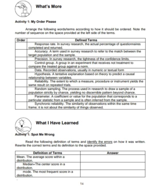 What's More 
Activity 1: My Order Please 
Arrange the following words/terms according to how it should be ordered. Note the 
number of sequence on the space provided at the left side of the terms. 
What I Have Learned 
Activity 1: Spot Me Wrong 
Read the following definition of terms and identify the errors on how it was written. 
Rewrite the correct terms and its definition to the space provided. 
14