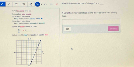 Tr Vi n What is the constant rate of change? m= _ 
7) Use the «' lool and drew To mrve from paint he paret here. A simplified, improper slope shows the 'rise' and 'run'' clearly 
Wn At (ohe hove youu movr epoticastyh in lidonk. ● r 
) Use the ' tot and drew #e A t (ke t ao more iely) i green 
(4) Wite the glope of the trst as a raho Submit 
_  △ r/△ r =^circ 
w 
(1) Cntroane i i e line han a positive or negalive slipe