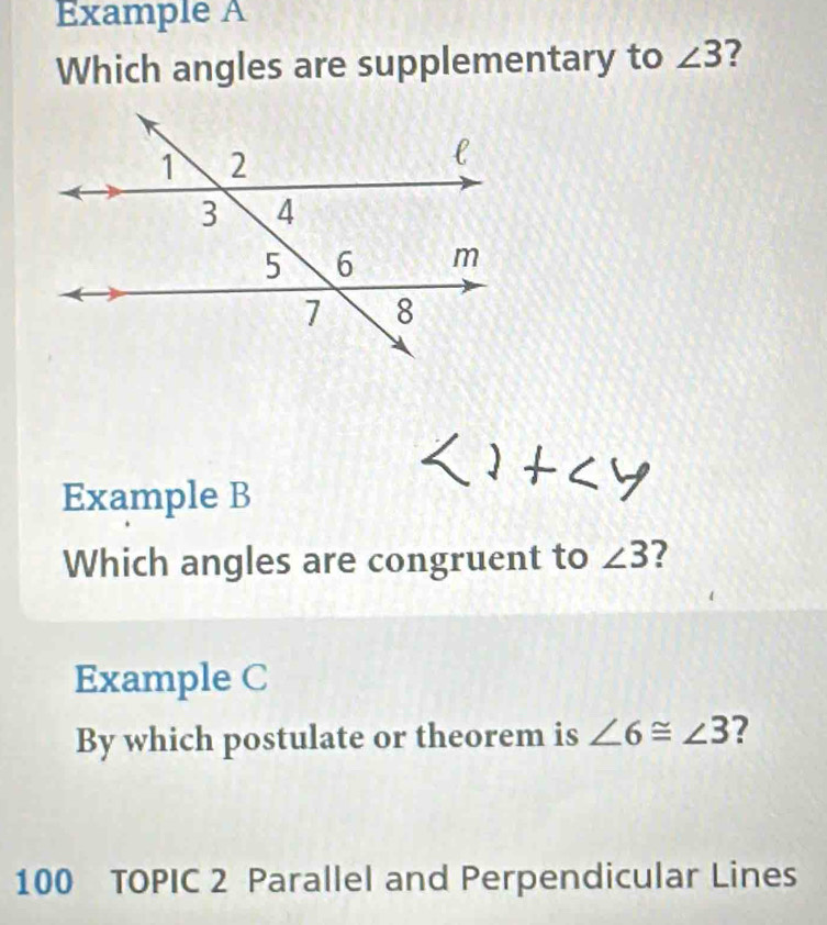 Example A 
Which angles are supplementary to ∠ 3 ? 
Example B 
Which angles are congruent to ∠ 3 2 
Example C 
By which postulate or theorem is ∠ 6≌ ∠ 3 ? 
100 TOPIC 2 Parallel and Perpendicular Lines