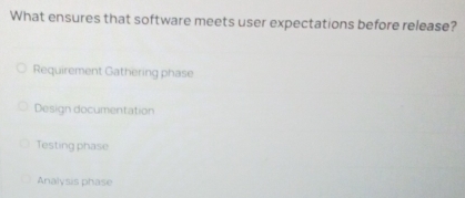 What ensures that software meets user expectations before release?
Requirement Gathering phase
Design documentation
Testing phase
Analysis phase