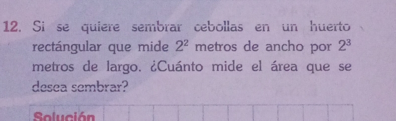 Si se quiere sembrar cebollas en un huerto 
rectángular que mide 2^2 metros de ancho por 2^3
metros de largo. ¿Cuánto mide el área que se 
desea sembrar? 
Solución