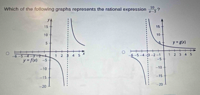 Which of the following graphs represents the rational expression  10/x-3  ?