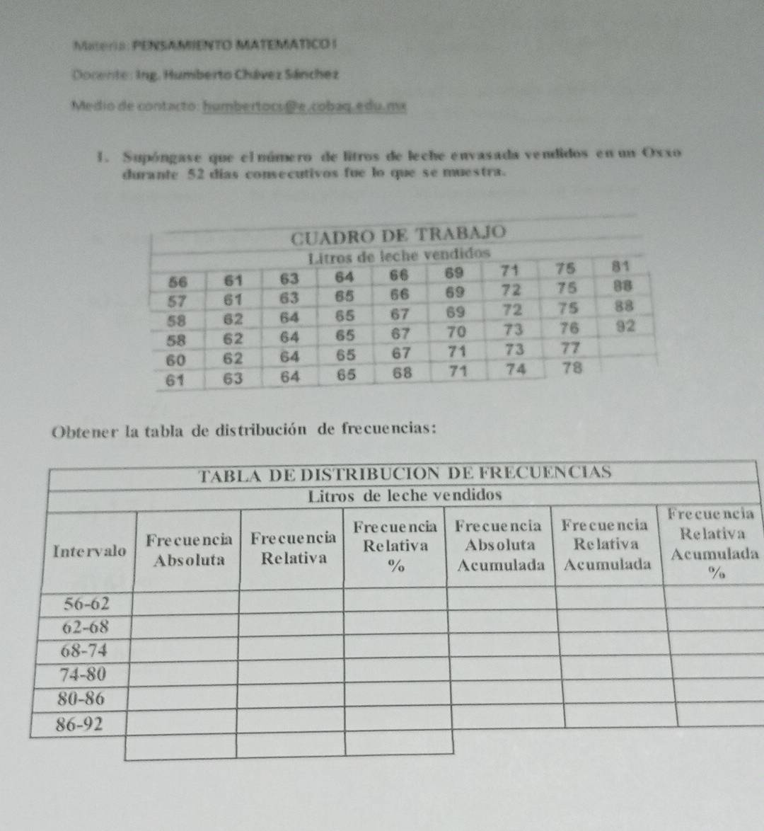 Mteris: PENSAMIENTO MATEMATICO I 
Docente: Ing, Humberto Chávez Sánchez 
Medio de contacto: humbertocsfe,cobaq.edu.mx 
1. Supóngase que el número de litros de leche envasada vendidos en un Oxxo 
durante 52 dias consecutivos fue lo que se muestra. 
Obtener la tabla de distribución de frecuencias: 
a 
da