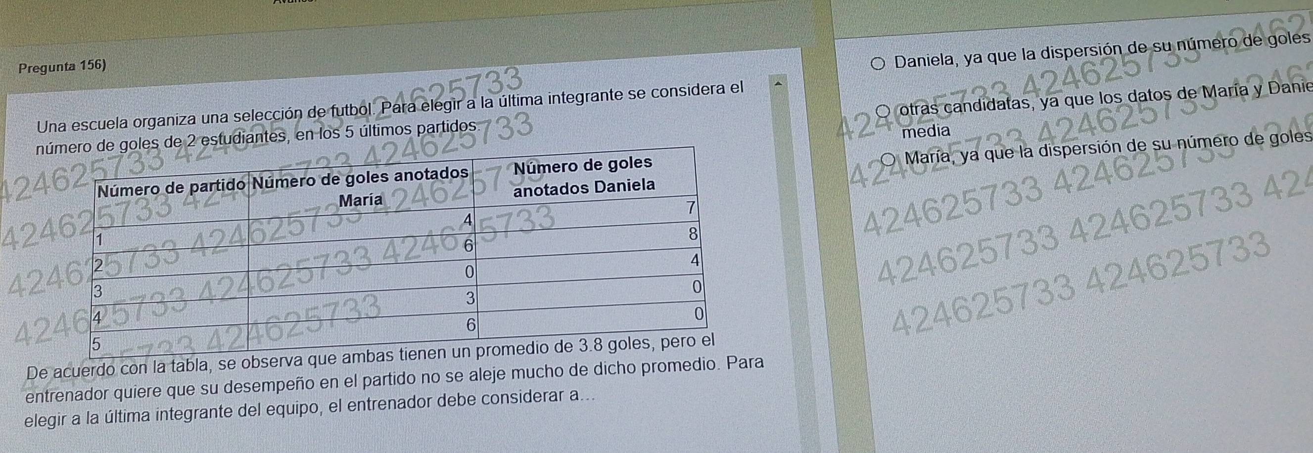 Pregunta 156)
Daniela, ya que la dispersión de su número de goles
otras candidatas, ya que los datos de María y Danie
Una escuela organiza una selección de futbol. Para elegir a la última integrante se considera el
n estudiantes, en los 5 últimos partidos.
media
O María, ya que la dispersión de su número de goles
424
42
62

a
42
42462573 :
42
42462573
De acuerdo con la tabla, se observa que a
entrenador quiere que su desempeño en el partido no se aleje mucho de dicho promedio. Para
elegir a la última integrante del equipo, el entrenador debe considerar a...