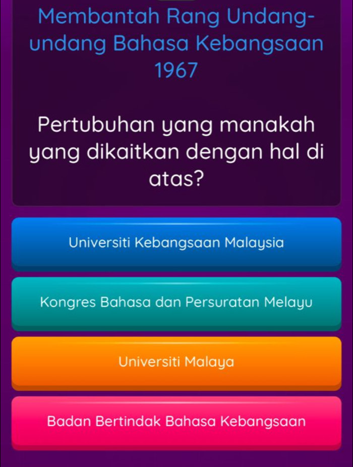 Membantah Rang Undang-
undang Bahasa Kebangsaan
1967
Pertubuhan yang manakah
yang dikaitkan dengan hal di
atas?
Universiti Kebangsaan Malaysia
Kongres Bahasa dan Persuratan Melayu
Universiti Malaya
Badan Bertindak Bahasa Kebangsaan