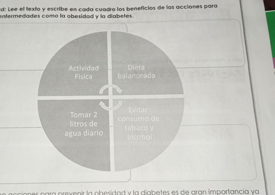 d: Lee el texto y escribe en cada cuadro los beneficios de las acciones para 
enfermedades como la obesidad y la diabetes. 
Actividad Dieta 
Física balanceada 
Tomar 2 Evitar 
litros de consumo de 
agua diario tabaco y 
alcohol 
a cciones para prevenir la obesidad y la diabetes es de aran importancia va