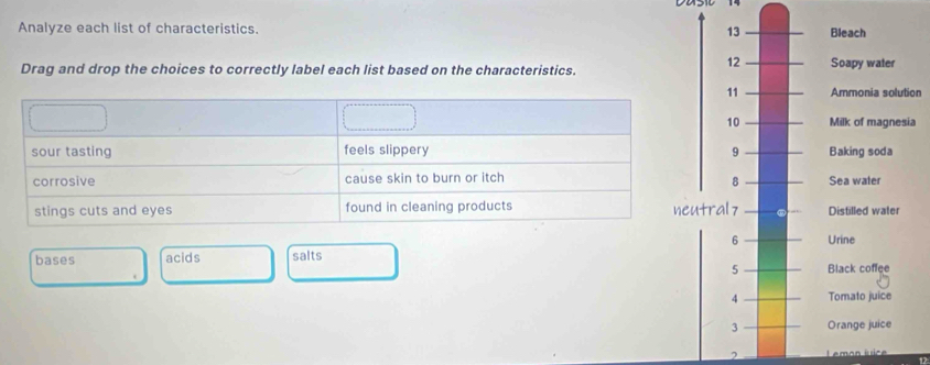 Analyze each list of characteristics. 
Drag and drop the choices to correctly label each list based on the characteristics.
on
a
bases acids salts 
2 L emon juice