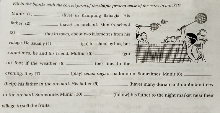 Fill in the blanks with the correct form of the simple present tense of the verbs in brackets. 
Munir (1) _(live) in Kampung Bahagia. His 
father (2) _(have) an orchard. Munir's school 
(3) _(be) in town, about two kilometres from his 
village. He usually (4) _(go) to school by bus, but 
sometimes, he and his friend, Muthu, (5) _(go) 
on foot if the weather (6) _(be) fine. In the 
evening, they (7) _(play) sepak raga or badminton. Sometimes, Munir (8)_ 
(help) his father in the orchard. His father (9) _(have) many durian and rambutan trees 
in the orchard. Sometimes Munir (10) _(follow) his father to the night market near their 
village to sell the fruits.