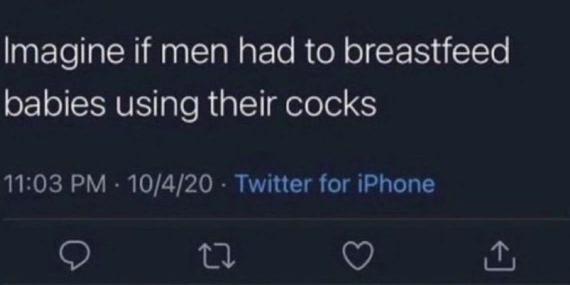 Imagine if men had to breastfeed 
babies using their cocks 
11:0 3 PM · 10/4/20 · Twitter for iPhone