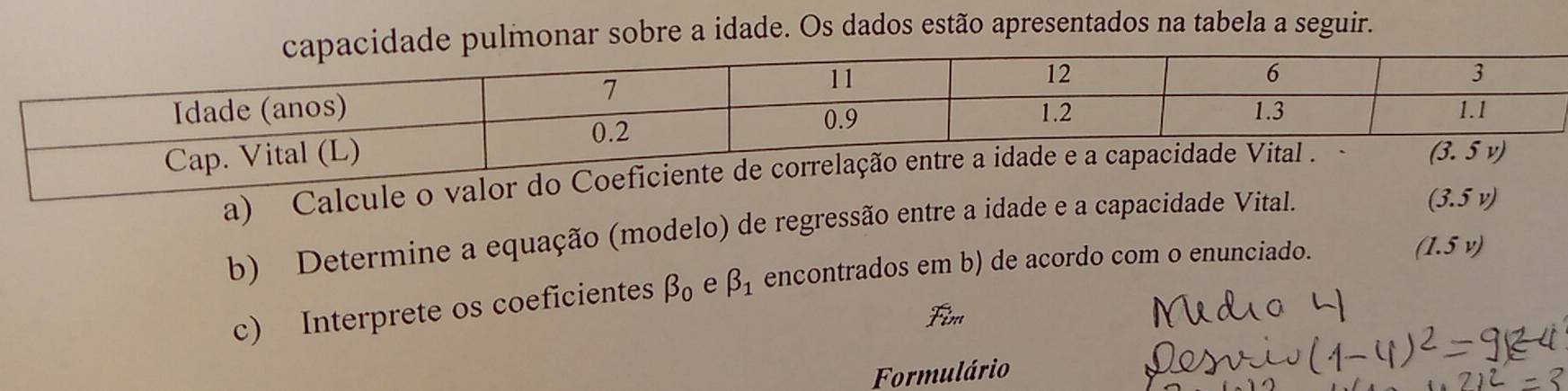 pulmonar sobre a idade. Os dados estão apresentados na tabela a seguir.
a) Calcule
b) Determine a equação (modelo) de regressão entre a idade e a capacidade Vital.
(3.5v)
c) Interprete os coeficientes beta _0 e beta _1 encontrados em b) de acordo com o enunciado.
(1.. 5v
Formulário