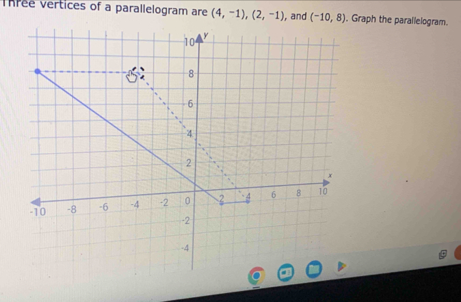 Three vertices of a parallelogram are (4,-1), (2,-1) , and (-10,8). Graph the parallelogram.