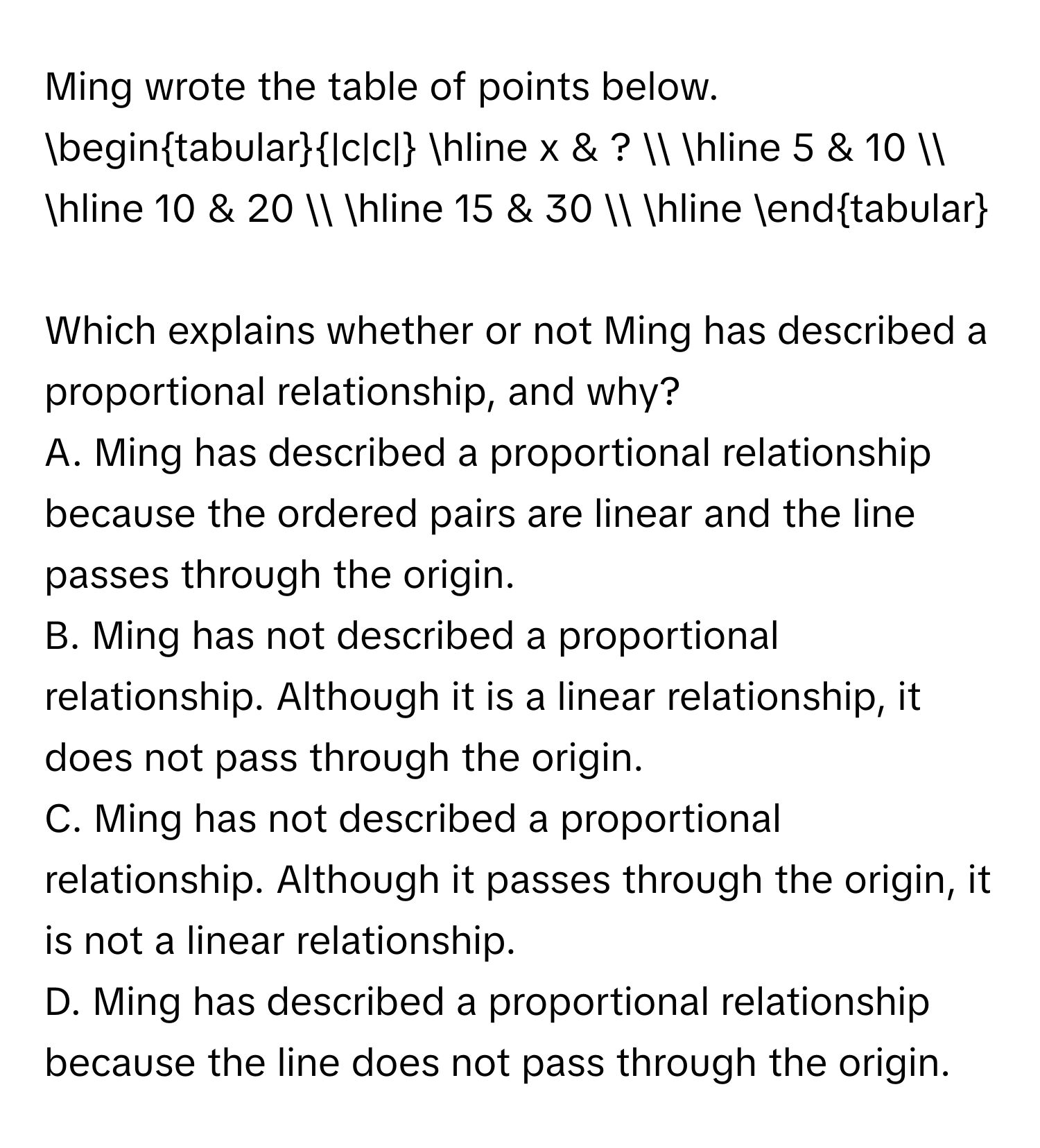 Ming wrote the table of points below.

begintabular|c|c|
hline 
x & ?  
hline 
5 & 10  
hline 
10 & 20  
hline 
15 & 30  
hline 
endtabular

Which explains whether or not Ming has described a proportional relationship, and why? 
A. Ming has described a proportional relationship because the ordered pairs are linear and the line passes through the origin. 
B. Ming has not described a proportional relationship. Although it is a linear relationship, it does not pass through the origin. 
C. Ming has not described a proportional relationship. Although it passes through the origin, it is not a linear relationship. 
D. Ming has described a proportional relationship because the line does not pass through the origin.