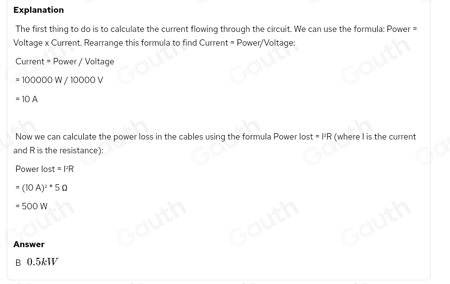 Solved: A power of 100 kW at a potential difference of 10 kV is ...