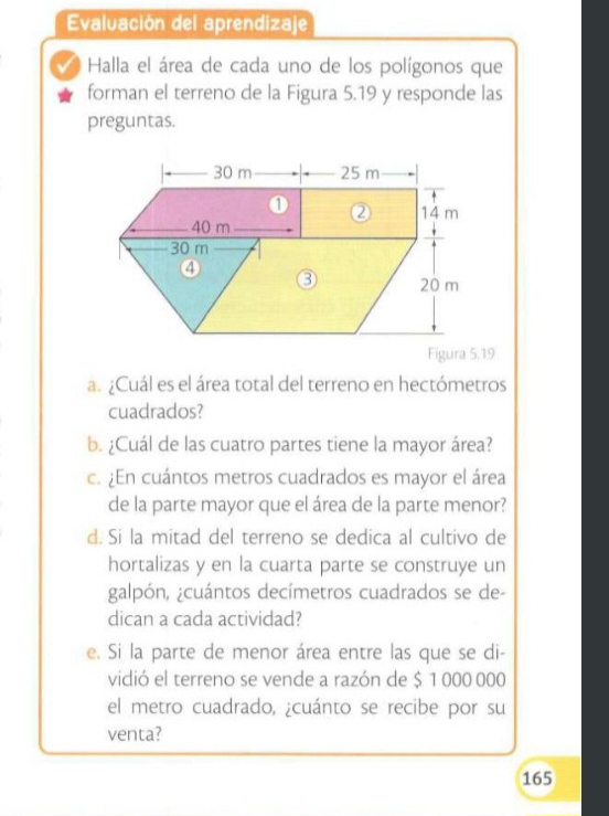 Evaluación del aprendizaje 
a Halla el área de cada uno de los polígonos que 
forman el terreno de la Figura 5.19 y responde las 
preguntas. 
a. ¿Cuál es el área total del terreno en hectómetros 
cuadrados? 
b. ¿Cuál de las cuatro partes tiene la mayor área? 
.En cuántos metros cuadrados es mayor el área 
de la parte mayor que el área de la parte menor? 
d. Si la mitad del terreno se dedica al cultivo de 
hortalizas y en la cuarta parte se construye un 
galpón, ¿cuántos decímetros cuadrados se de- 
dican a cada actividad? 
e. Si la parte de menor área entre las que se di- 
vidió el terreno se vende a razón de $ 1 000 000
el metro cuadrado, ¿cuánto se recibe por su 
venta? 
165