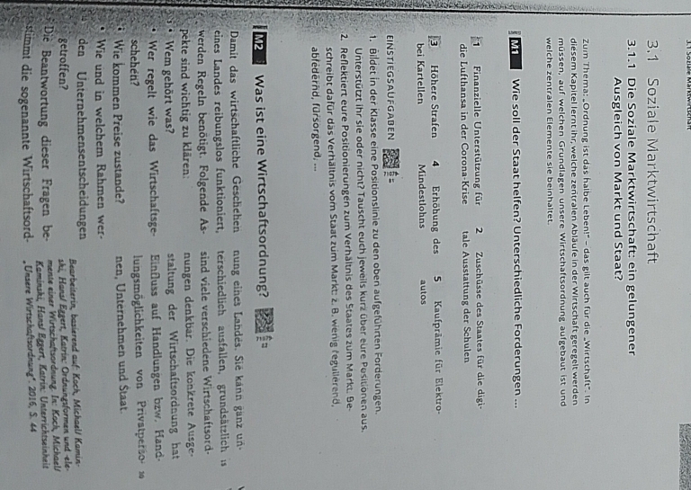 3.1 Soziale Marktwirtschaft
3.1.1 Die Soziale Marktwirtschaft: ein gelungener
Ausgleich von Markt und Staat?
Zum Thema: „Ordnung ist das halbe Leben!" - das gilt auch für die „Wirtschaft". In
diesem Kapitel lernt ihr, welche zentralen Abläufe in der Wirtschaft geregelt werden
müssen, auf welchen Grundlagen unsere Wirtschaftsordnung aufgebaut ist und
welche zentralen Elemente sie beinhaltet.
M1 Wie soll der Staat helfen? Unterschiedliche Forderungen ...
1 Finanzielle Unterstützung für 2 Zuschüsse des Staates für die digi-
die Lufthansa in der Corona-Krise tale Ausstattung der Schulen
3 Höhere Strafen 4 Erhöhung des 5 Kaufprämie für Elektro-
bei Kartellen Mindestlohns autos
EINSTIEGSAUFGABEN
1. Bildet in der Klasse eine Positionslinie zu den oben aufgeführten Forderungen.
Unterstützt ihr sie oder nicht? Tauscht euch jeweils kurz über eure Positionen aus.
2. Reflektiert eure Positionierungen zum Verhältnis des Staates zum Markt. Be-
schreibt dafür das Verhältnis vom Staat zum Markt: z. B. wenig regullerend,
abfedernd, fürsorgend, ...
M2 Was ist eine Wirtschaftsordnung?
Damit das wirtschaftliche Geschehen nung eines Landés. Sié känn ganz un
eines Landes reibungslos funktioniert, terschiedlich ausfallen, grundsätzlich is
werden Regeln benötigt. Folgende As- sind viele verschiedene Wirtschaftsord-
pekte sind wichtig zu klären: nungen denkbar. Die konkrete Ausge-
Wem gehört was? staltung der Wirtschaftsordnung hat
Wer regelt wie das Wirtschaftsge- Einfluss auf Handlungen bzw. Hand-
schehen?  lungsmöglichkeiten von Privatper so 
Wie kommen Preise zustande? nen, Unternehmen und Staat.
Wie und in welchem Rahmen wer
den Unternehmensentscheidungen
getroffen?  Bearbeiterin, basierend auf: Koch, Michael/ Kamin-
shi, Hans/ Eggert, Katrin: Ordnungsformen und -ele-
mente einer Wirtschaftsordnung. In: Koch, Michael/
Diè Beantwortung dieser Fragen be-  Kaminski, Hans/ Eggert, Katrín: Unterrichtseinheit
stimmt die sogenannte Wirtschaftsord- " Unsere Wirtschaftsordnung". 2016, S. 44
←