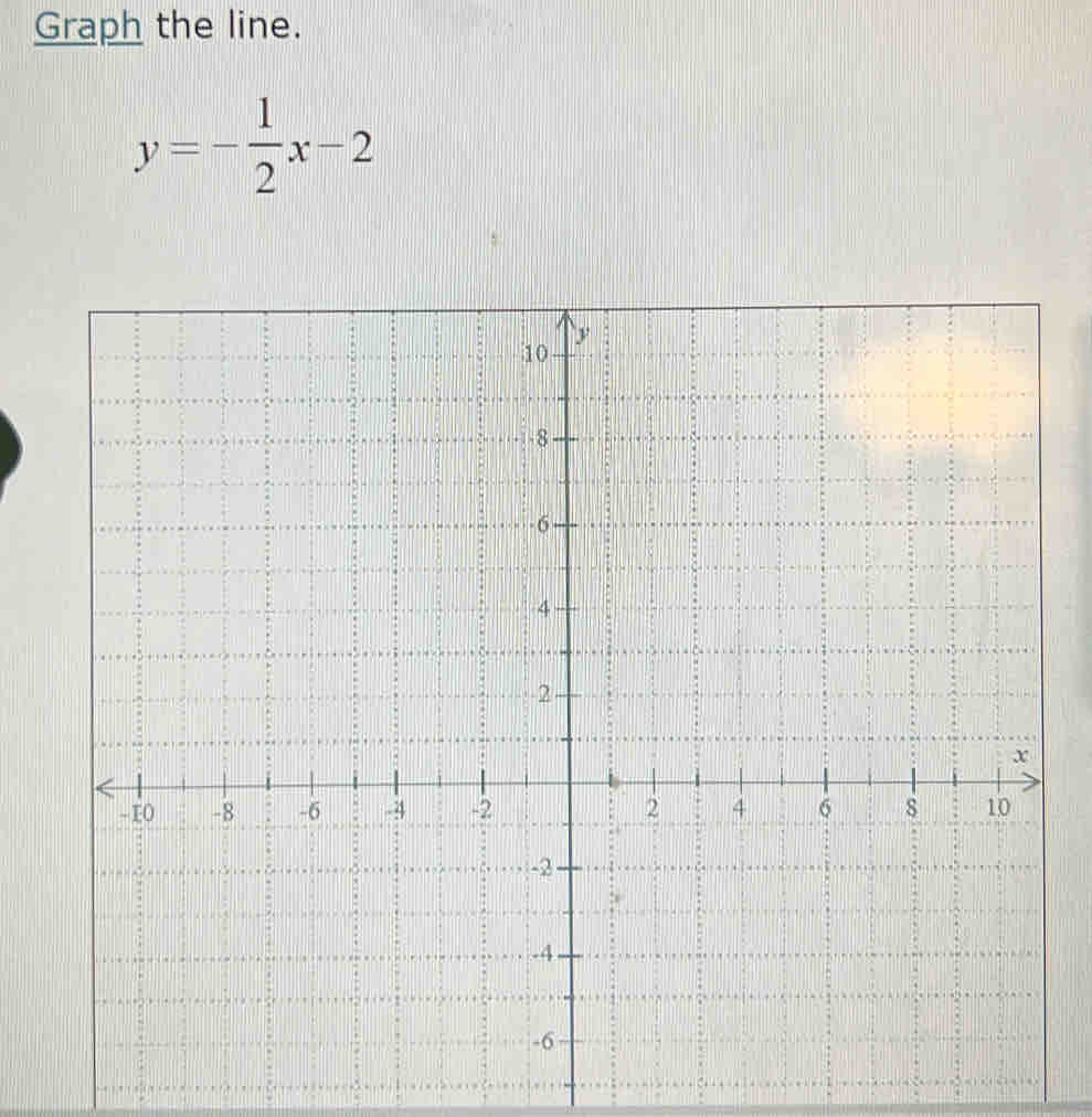 Graph the line.
y=- 1/2 x-2