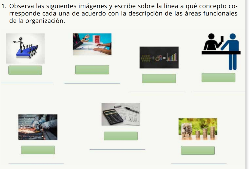 Observa las siguientes imágenes y escribe sobre la línea a qué concepto co- 
rresponde cada una de acuerdo con la descripción de las áreas funcionales 
de la organización.
∵  11/11 y_1^(9y_1^9+38=_ )
__ 
_ 
__ 
_